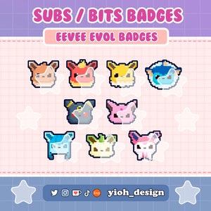 May include: A set of nine pixel art badges featuring different evolutions of the Pokemon Eevee. The badges are on a pink and white grid background with white stars. The text "SUBS / BITS BADGES" and "EEVEE EVOL BADGES" are at the top of the image. The text "yioh_design" is at the bottom of the image.