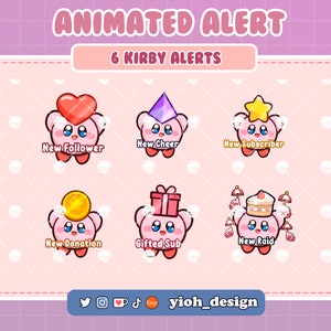 Puede incluir: Seis alertas animadas con Kirby, un personaje rosa de la serie de videojuegos Kirby. Cada alerta presenta a Kirby con un accesorio diferente, como un corazón, un gorro de fiesta, una estrella, una moneda, una caja de regalo y un pastel. El texto debajo de cada alerta dice "Nuevo seguidor", "Nuevo ánimo", "Nuevo suscriptor", "Nueva donación", "Suscripción regalada" y "Nueva incursión".