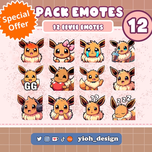 12 Eevee Emotes Twitch Pokemon / YouTube / Discord / Kick / Twitch