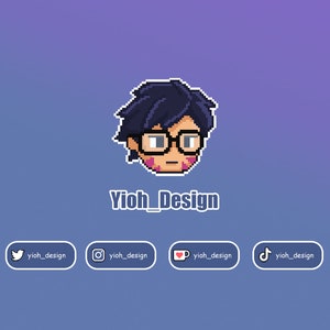 May include: Pixel art illustration of a person with blue hair and glasses. The text "Yioh_Design" is below the illustration. Social media icons for Twitter, Instagram, YouTube, and TikTok are below the text, each with the handle "yioh_design".