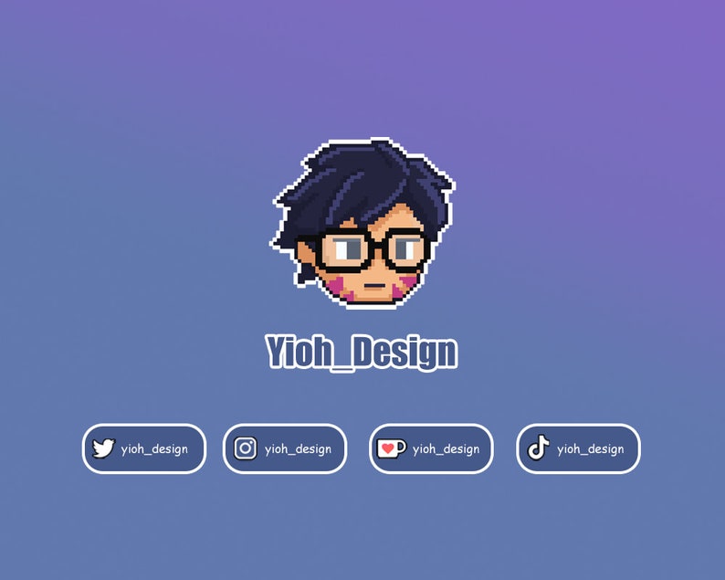 May include: Pixel art illustration of a person with blue hair and glasses. The text "Yioh_Design" is below the illustration. Social media icons for Twitter, Instagram, YouTube, and TikTok are below the text, each with the handle "yioh_design".