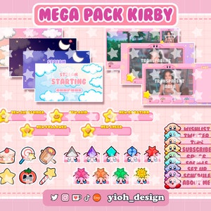 MEGA PACK KIRBY Theme streaming / twitch Animated stream screen, overlay, webcam overlay, animated alerts, stinger transition, twitch panels