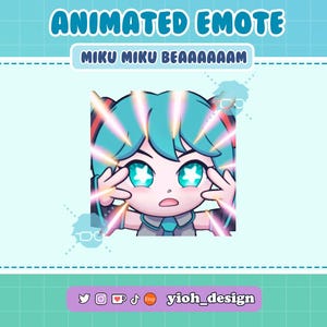 Puede incluir: Emoticono animado con un personaje de dibujos animados con pelo turquesa y ojos en forma de estrella. El personaje está rodeado de rayos de luz, con el texto "MIKU MIKU BEAAAAAAM" encima. El fondo es azul claro con un patrón de cuadrícula.