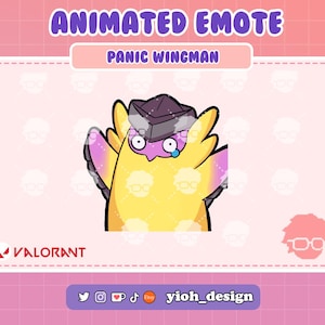 Puede incluir: Emoticono animado con un personaje amarillo y morado con una expresión angustiada. El personaje lleva un sombrero y está llorando. El texto "PANIC WINGMAN" está encima del personaje. El logo de Valorant está en la esquina inferior izquierda.