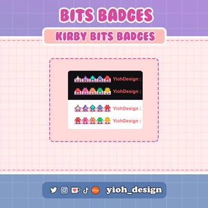 May include: A set of digital badges featuring Kirby characters in various colors. The badges are designed for use on Twitch, Discord, and other online platforms. The text "YiohDesign" appears on the image.