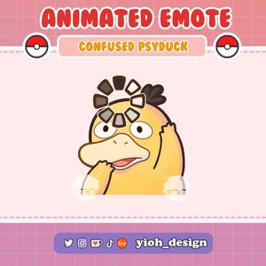 Op de afbeelding: Geanimeerde emote met een gele Psyduck-personage met een verwarde uitdrukking. Het personage heeft een bruine kroon en bevindt zich in een roze kader met de tekst "CONFUSED PSYDUCK" en "ANIMATED EMOTE". De achtergrond is roze met een rasterpatroon.