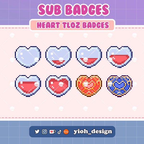 8 Hearts Heart Tloz Zelda Sub Badges Pixel Art Twitch/YouTube/Discord / Bits Badges / Subscriber Badges / Discord / Stream Badges