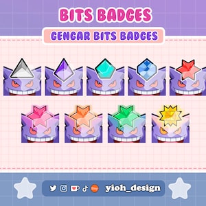 Puede incluir: Un conjunto de ocho insignias Gengar Bits con gemas y estrellas de diferentes colores. Las insignias son moradas con una cara de Gengar y una gema o estrella en la parte superior. El texto "BITS BADGES" y "GENGAR BITS BADGES" está en la parte superior de la imagen.