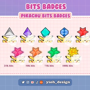 May include: A set of 10 digital badges featuring a Pikachu character with different colored gems and stars. The badges are labeled with the number of bits required to earn them: 25K, 50K, 75K, and 100K.
