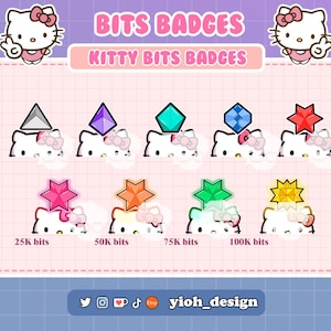 Puede incluir: Un conjunto de 8 insignias digitales que presentan un gatito de dibujos animados con diferentes gemas y estrellas de colores en la parte superior de su cabeza. Las insignias están etiquetadas con el número de bits necesarios para ganarlas, comenzando con 25K bits y aumentando hasta 100K bits. El texto "BITS BADGES" y "KITTY BITS BADGES" está en la parte superior de la imagen. El texto "yioh_design" está en la parte inferior de la imagen.