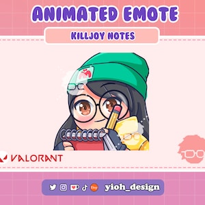 May include: Animated emote of a cartoon character wearing glasses, a green beanie, and a yellow jacket, holding a pencil and notepad. The text "KILLJOY NOTES" is displayed above the character. The Valorant logo is visible.