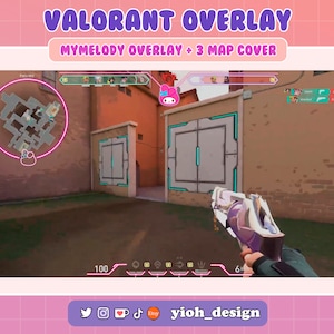 May include: Valorant overlay design featuring a game map, MyMelody character, and a gun. The overlay includes the text "VALORANT OVERLAY" and "MYMELODY OVERLAY + 3 MAP COVER" in a pink and purple color scheme. The Etsy shop name "yioh_design" is also visible.