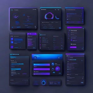 May include: A collection of rectangular digital interface panels featuring a dark theme with vibrant purple and blue neon accents. The panels display various data visualizations, circular icons, and text-based information arranged in a grid layout.
