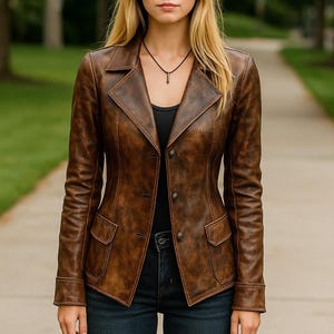 Könnte beinhalten: Braune Lederblazer mit klassischem Design. Die Jacke hat einen Reverskragen, zwei Vordertaschen und Knopfverschlüsse. Das Model trägt ein schwarzes Oberteil und blaue Jeans. Der Hintergrund ist eine verschwommene Szene im Freien.