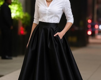 Swing Long Taffeta Maxi skirt for women, Black walking skirt, High waist swing pleated skirt with pocket, women skirt, full skirt