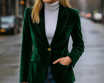 Green Velvet Tuxedo Blazer for Women, Custom Slim Fit Jacket, Elegant Evening Wear, Luxury Prom Coat, Bottle Green Women's Blazer