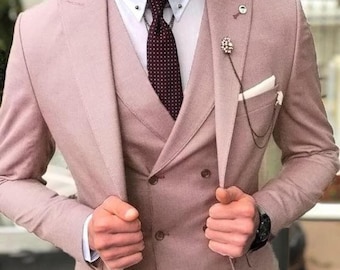 Men's 3 Piece Groom Wear Rose Pink Wedding Suit Slim Fit Tuxedo Suit