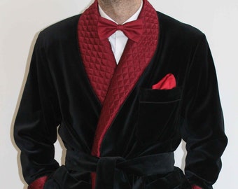 Rauchjacke für Männer, zweireihiger schwarzer Samtmantel, gesteppte Jacken, Dinner Party Wear, Weihnachtsgeschenke, Gentleman Robe, Luxus