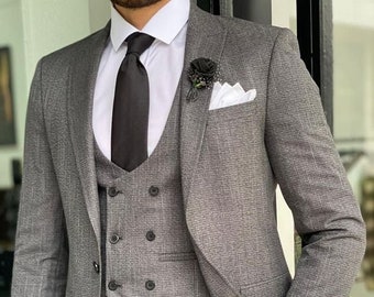 Men Three Piece Suits Groomsmen Outfit Gray wedding Suit Men