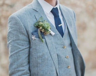 Herren Blau Leinen 3-teilige Hochzeitsanzüge für Groomsmen Dinner Suit