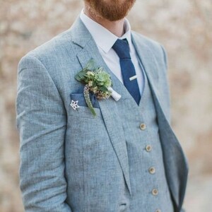 Men Linen Suits Blue Wedding Tuxedo 3-Piece Suit Beach Wedding Suit Summer Outfits image 2