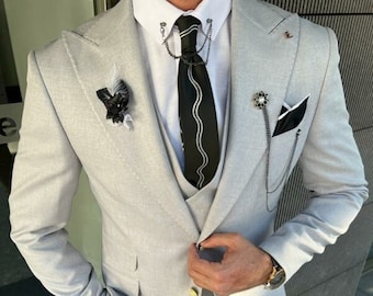 Men Tuxedo Suit Light Gray 3 Piece Slim Fit Suit Groom Dinner Suits