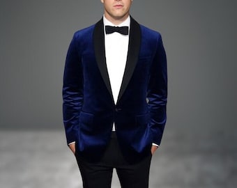 Men's Blue Velvet Coat Black Pant Complete Suits for Wedding