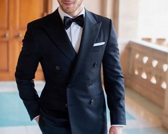 Traje cruzado negro para hombre: corte clásico para bodas y fiestas.