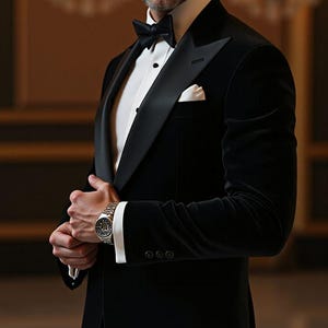 Black Velvet Tuxedo Suit: Slim Fit Peak Lapel Groom Wear