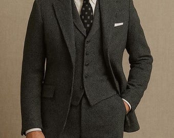 Mens Herringbone Tweed Wool Suit, Vintage Style Grey Three Piece Mens Suits