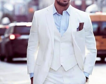 Men's White Slim Fit 3-Piece Wedding Suit: Party Tuxedo