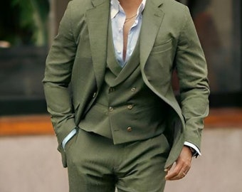 オリーブグリーンのリネンスーツ：スリムフィットのツーピース