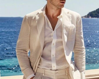 メンズ ベージュ リネンスーツ：2ピース サマーウェディング アウト
