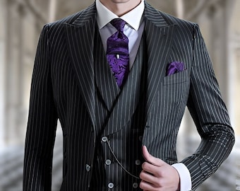 Men Striped Suits Black Groomsman 3 piece Tuxedo Suits for Wedding Dinner Suit