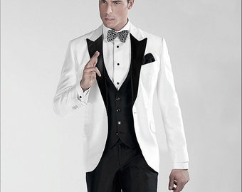 Men's White and Black 3 Piece Suit for Grooms