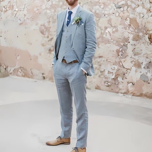 Men Linen Suits Blue Wedding Tuxedo 3-Piece Suit Beach Wedding Suit Summer Outfits image 4