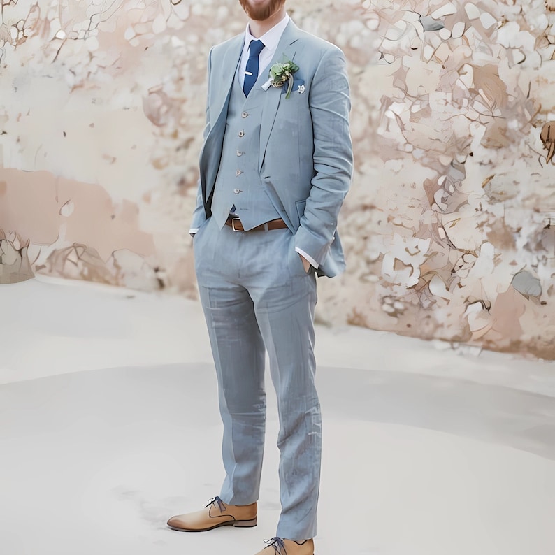 Men Linen Suits Blue Wedding Tuxedo 3-Piece Suit Beach Wedding Suit Summer Outfits image 4