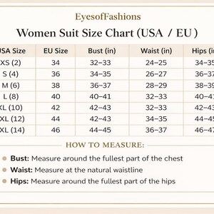 May include: A Women's Suit Size Chart (USA / EU) with measurements in inches. The chart includes sizes XS to 3XL, bust, waist, and hip measurements. Instructions on how to measure bust, waist, and hips are also included.