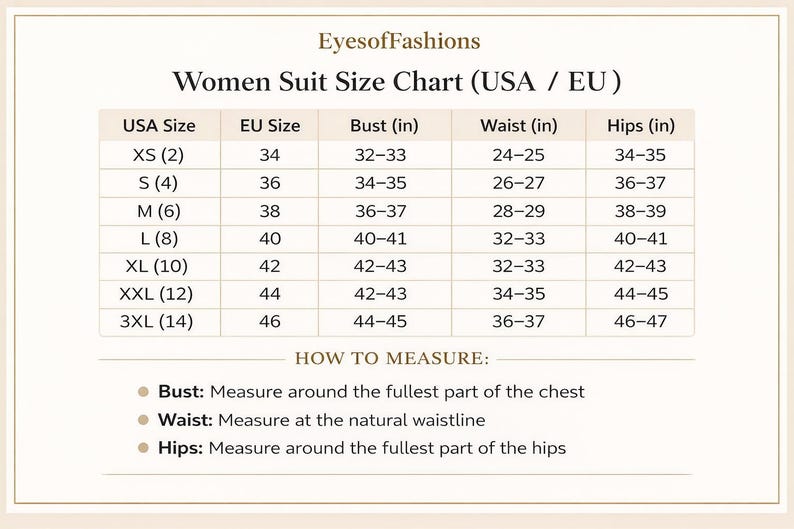 May include: A Women's Suit Size Chart (USA / EU) with measurements in inches. The chart includes sizes XS to 3XL, bust, waist, and hip measurements. Instructions on how to measure bust, waist, and hips are also included.