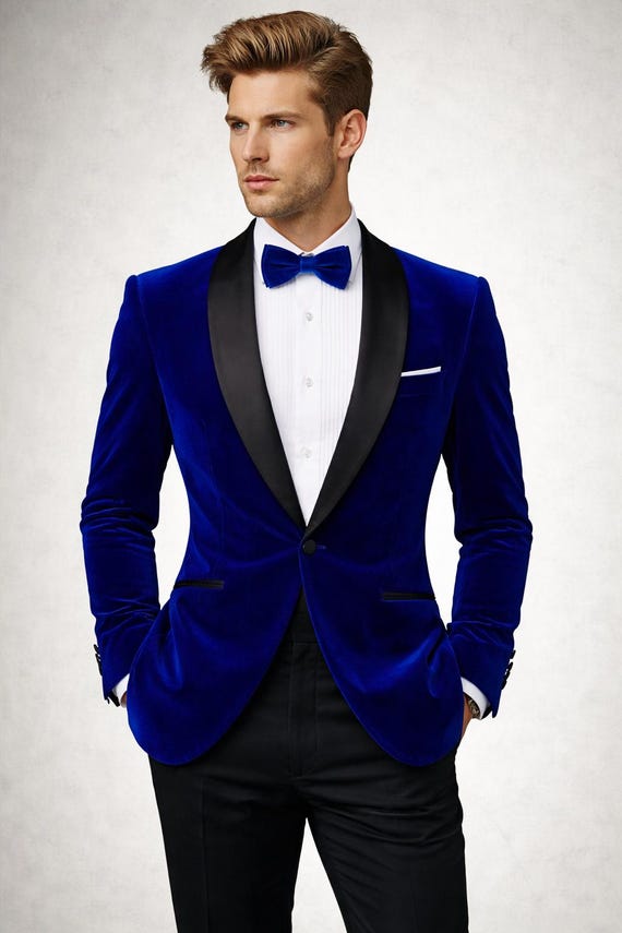 Men's Blue Velvet Tuxedo Jacket Custom Made Tailored Fit, Black Pants Wedding Suit, Luxury Groom Formal Blazer Set Men's Blue Velvet Tuxedo Jacket Custom Made Tailored Fit, Black Pants Wedding Suit, Luxury Groom Formal Blazer Set