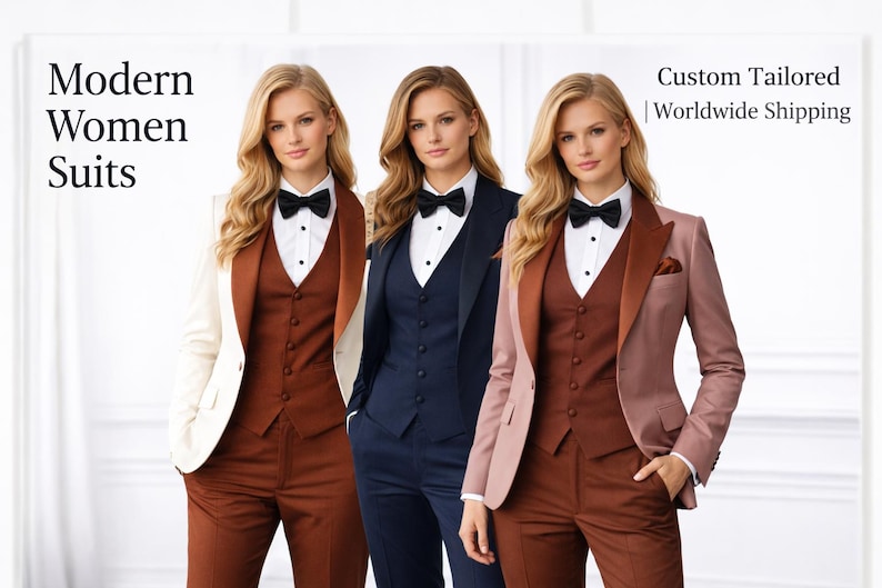 May include: Three women's suits in different colors: cream, navy blue, and dusty rose. Each suit includes a blazer, vest, and trousers. The suits are paired with a white dress shirt and a black bow tie. The text "Modern Women Suits" is visible.