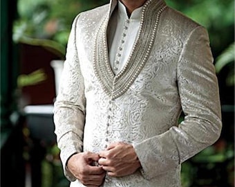 Off White Ivory Sherwani with hand embroidered collar and buttons for Men, Indian groom / Groomsman