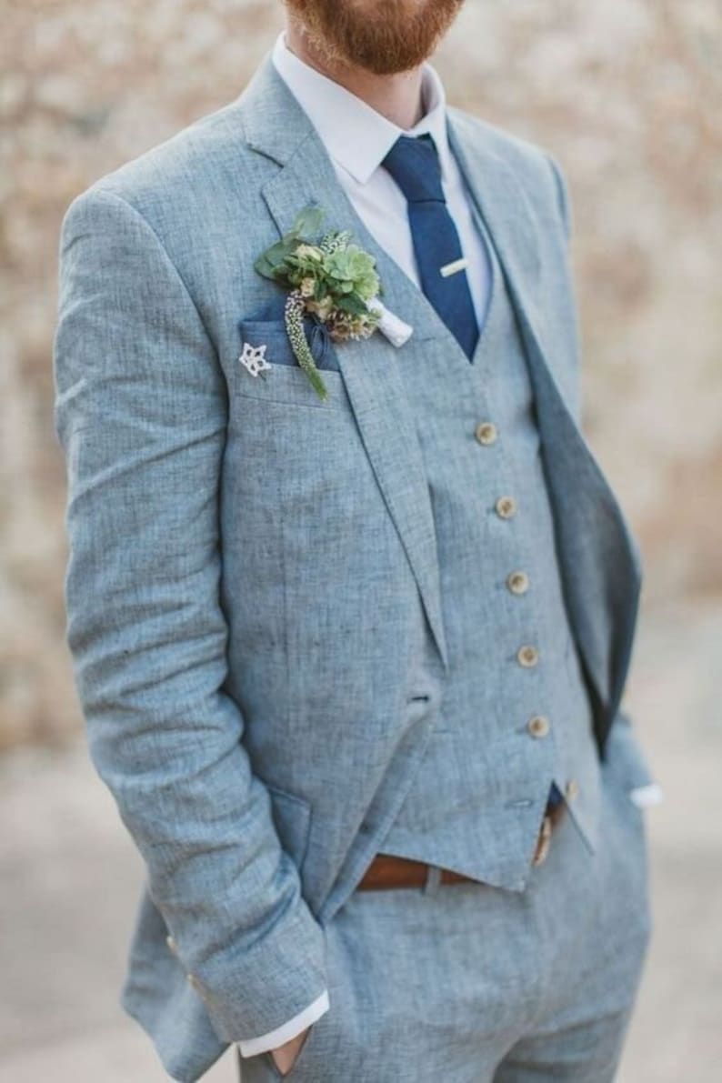 Men Linen Suits Blue Wedding Tuxedo 3-Piece Suit Beach Wedding Suit Summer Outfits image 2