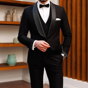 Custom Made 3-Piece Black Tuxedo Suit Wedding Groom Formal Wear, Wedding Attire, Stylish suits for men, Gift for men