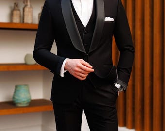 Mens Black Tuxedo, Formal Three Piece Suit, Weddings Outfit Slim Fit Suits for Men