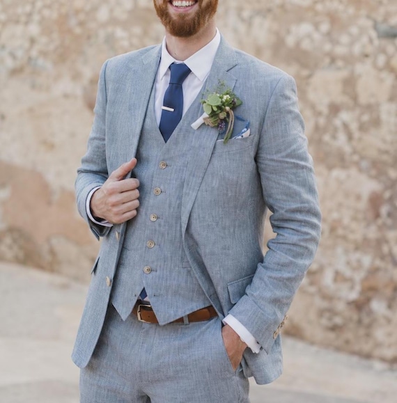 Men Linen Suits Blue Wedding Tuxedo 3-Piece Suit Beach Wedding Suit Summer Outfits
