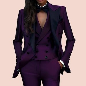 Women&#39;s Purple 3-Piece Suit | Slim Fit Tuxedo with Shawl Collar, Blazer, Vest & Pants for Business, Office, Professional Wear