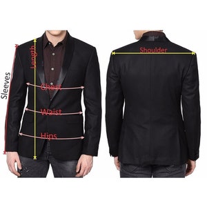 May include: Black blazer with a satin lapel. Measurements are shown for length, sleeves, chest, waist, hips, and shoulder.