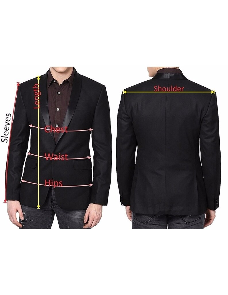 May include: Black blazer with a satin lapel. Measurements are shown for length, sleeves, chest, waist, hips, and shoulder.