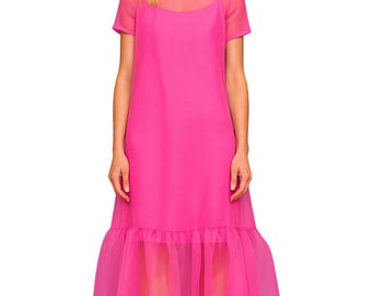 Silk Organza Maxi Dress for Women | Formal Wedding Bridesmaid Party Wear Dress with Bow | Plus Size Flower Girl Evening Guest Dresses